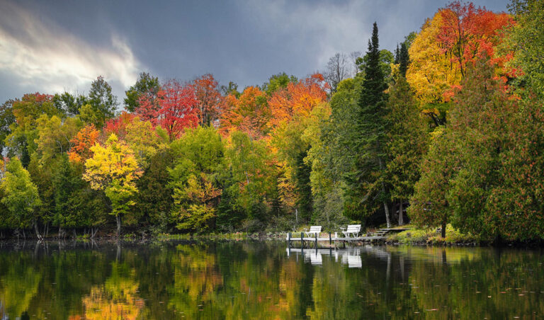 Lake photo with fall foliage reflections.