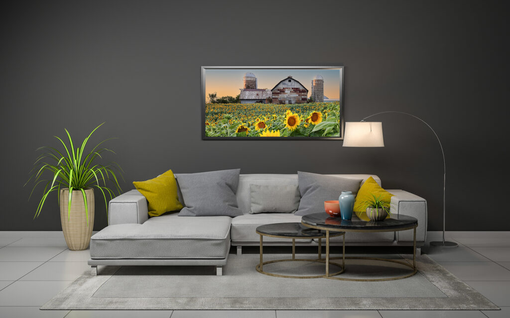 Barn Sunflower field wall art mock-up