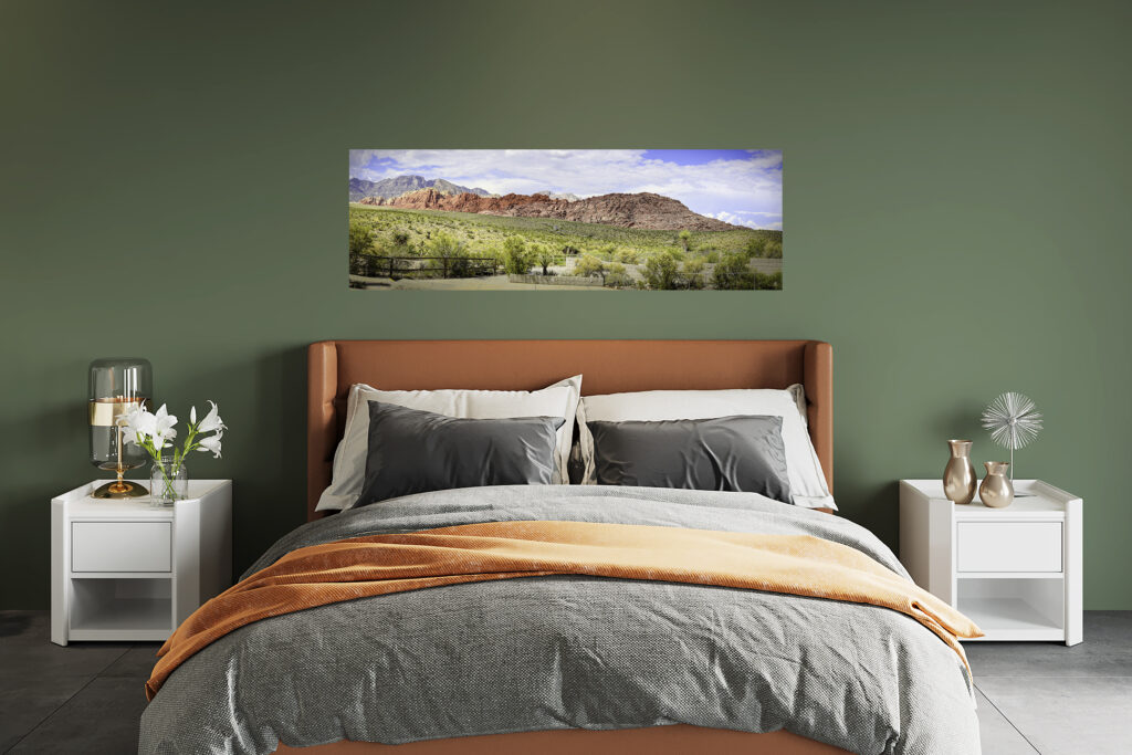 Bedroom mockup with a photo of Red Rock above it.